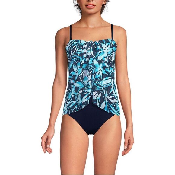 Land's End 1 Piece Bandeau high leg mesh Fauxkini Navy Graphic Floral Print Var - Picture 7 of 11